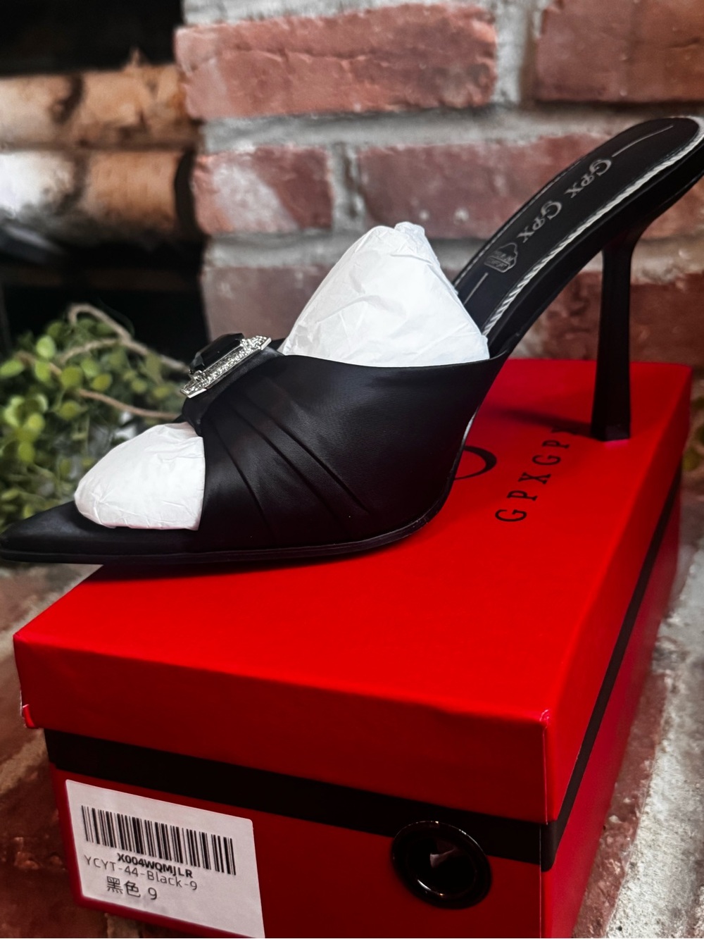 GPA G.P. Black Pointed-Toe Stiletto Mules with Decorative Buckle